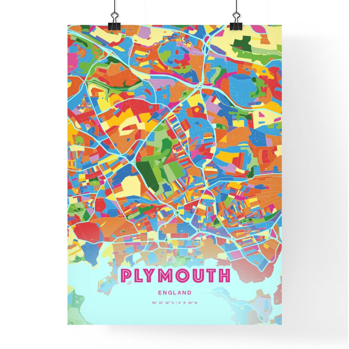 Custom Plymouth England Rainbow Crazy Colorful City Map Art Poster - Image 3