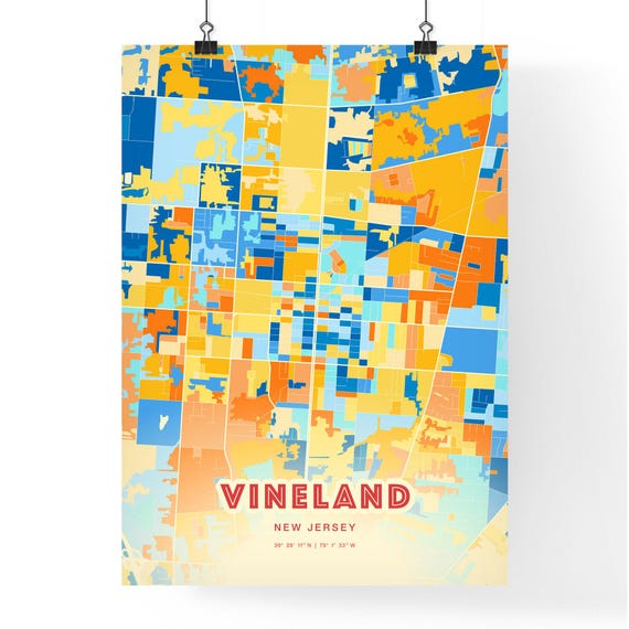 Colorful Vineland New Jersey Blue Orange Fine Art Print Vineland United States City Map Customizable Poster Print Personalized Gift