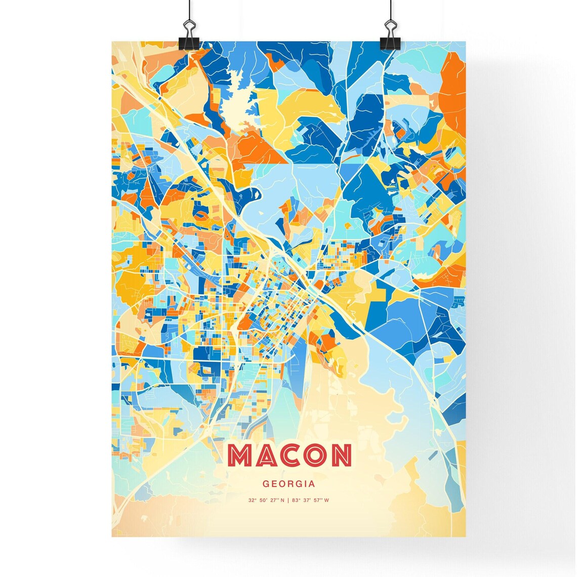 Macon Georgia Vibrant Colorful Blue Orange City Map Art Poster Decor - Image 3