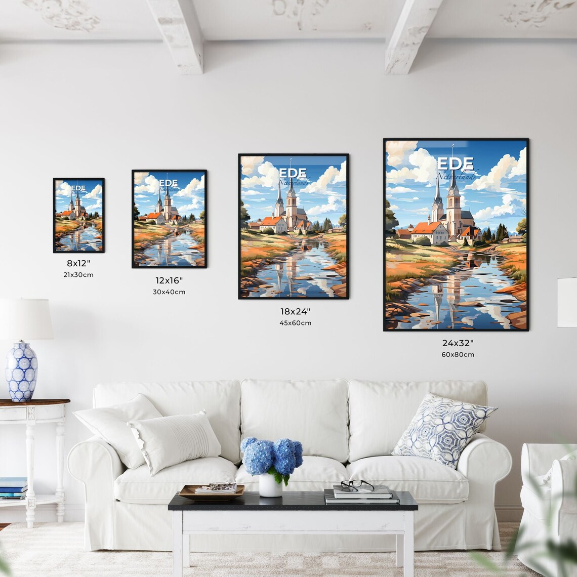 Ede Netherlands Twin Spire Church Riverside Vintage Travel Poster - Image 3