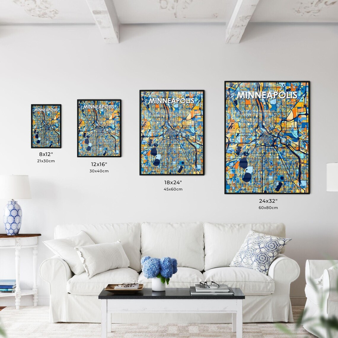 Minneapolis Minnesota City Map Art Poster Navy Blue Orange Street Blocks - Image 3