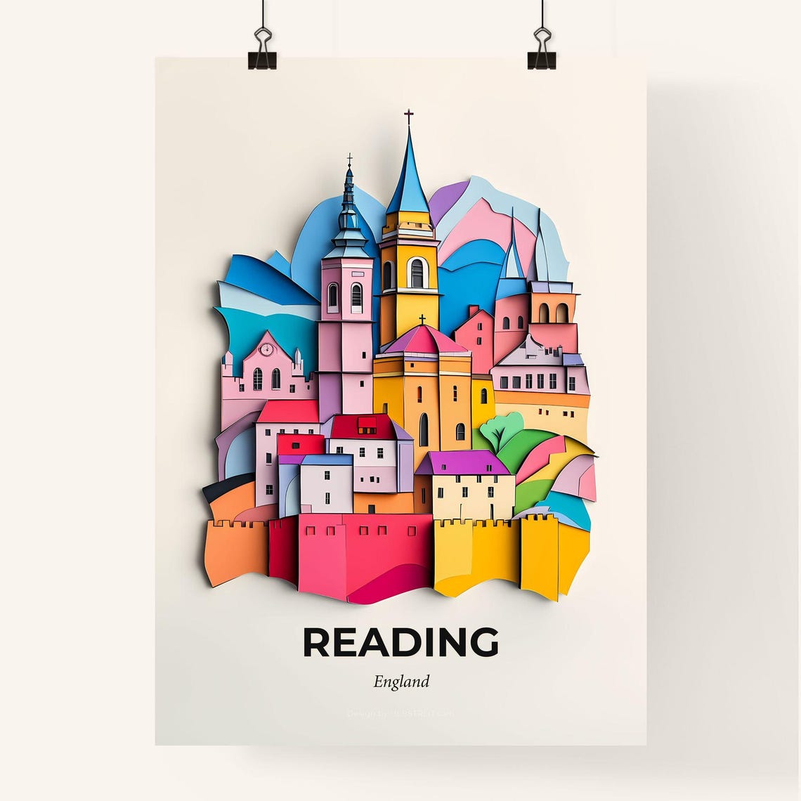 Reading England Colorful Paper Cut Town Skyline Travel Poster Art - Image 4