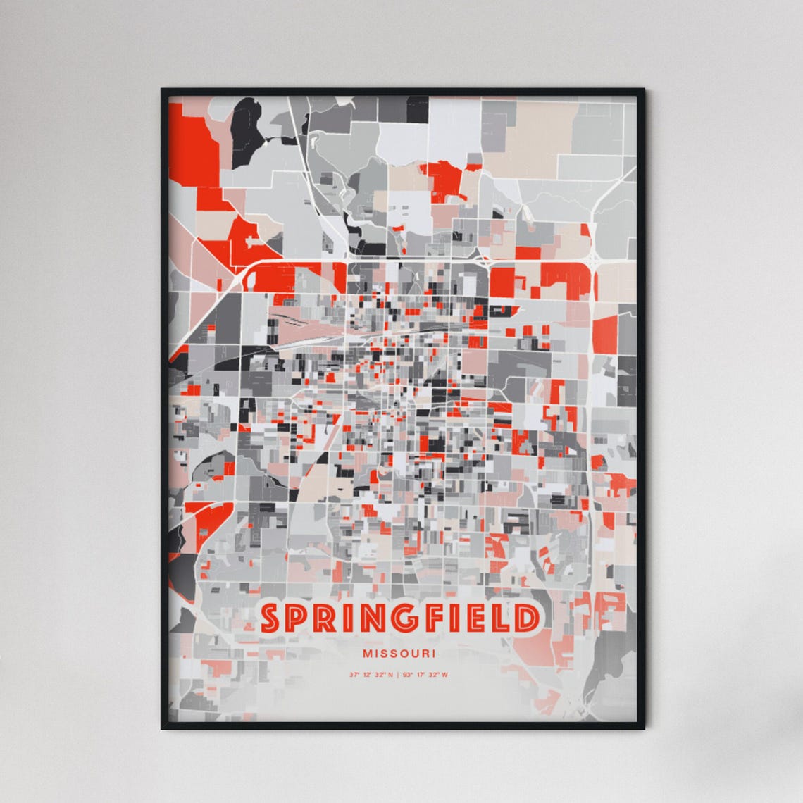 Springfield Missouri City Map Art Modern Red Gray Coordinate Poster