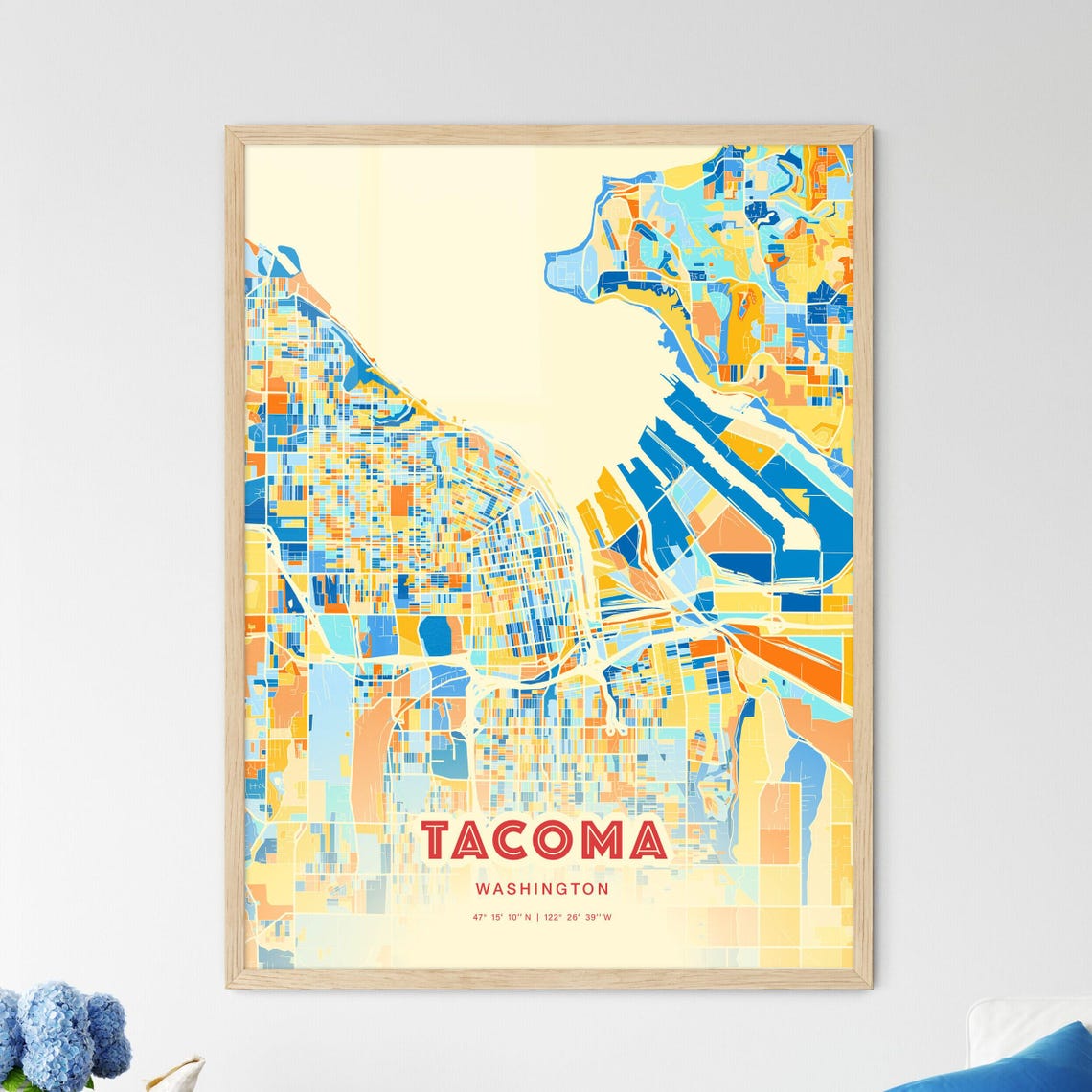 Tacoma Washington Colorful Blue Orange City Map Art Poster Decor