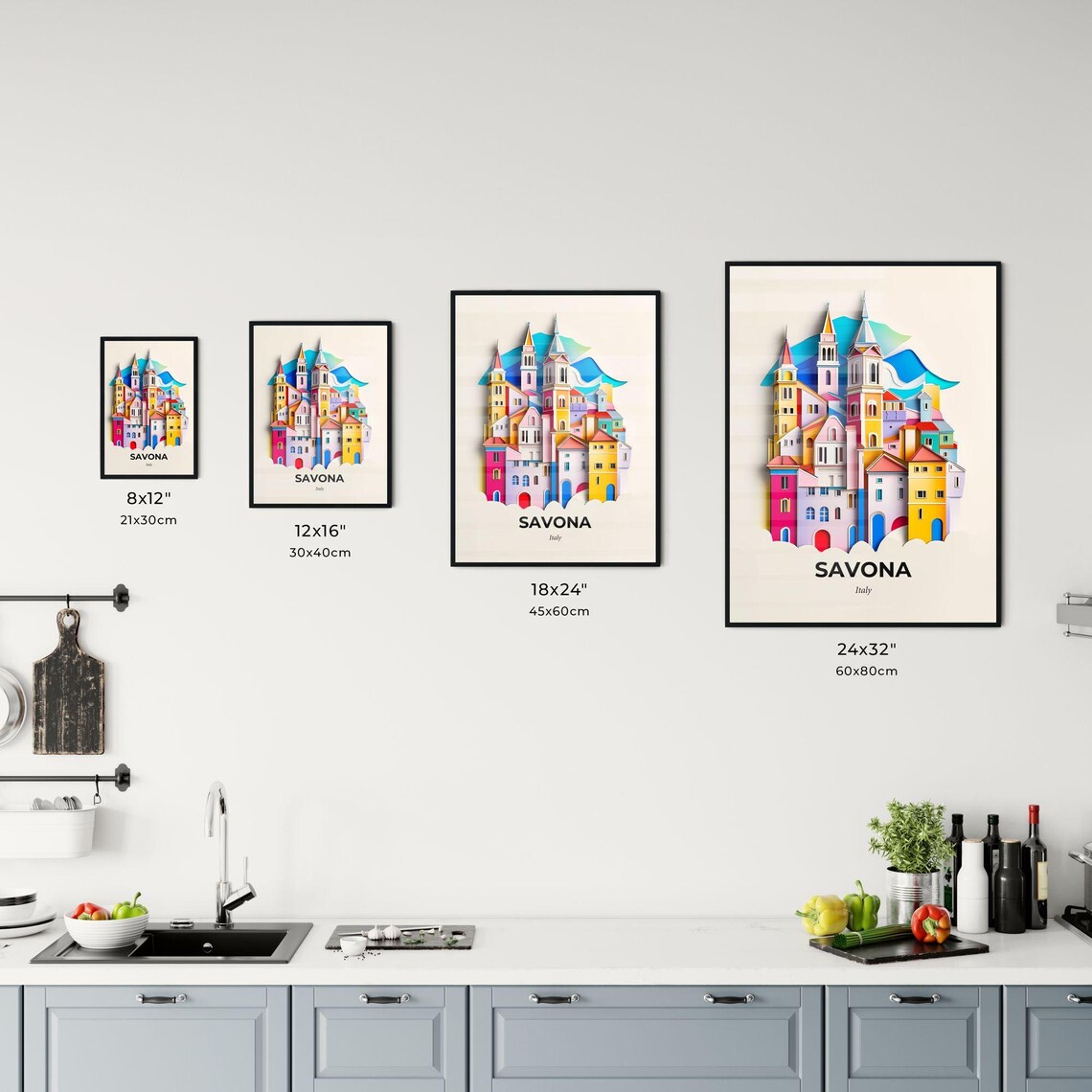 Savona Italy Colorful Towers And Spires Paper Cut City Art Poster - Image 3
