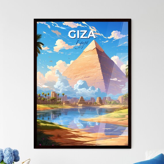Giza Egypt Great Pyramid Colorful Riverside Travel Art Poster