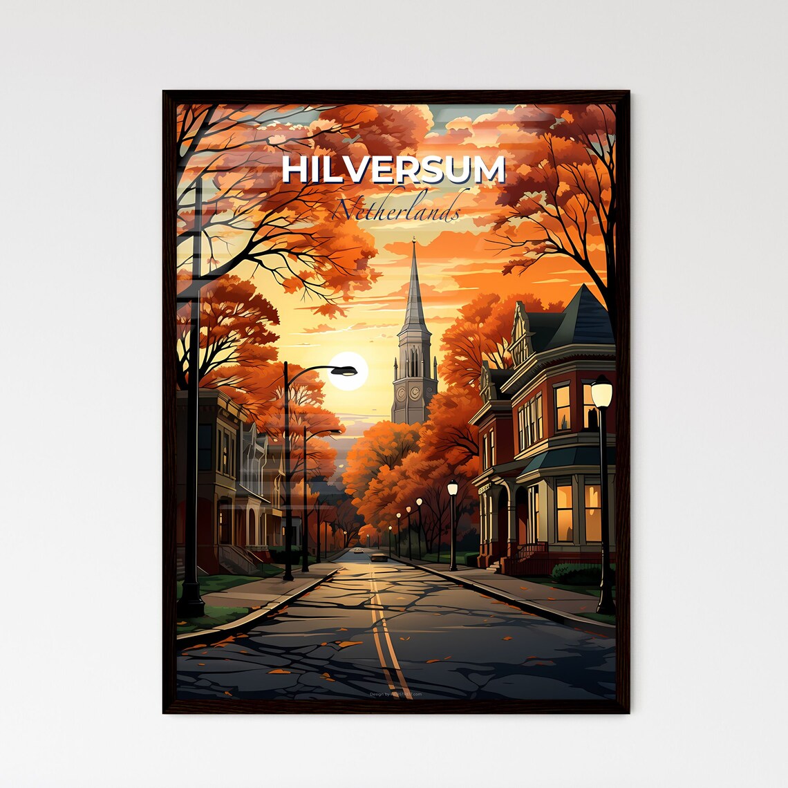 Vivid Hilversum Netherlands Autumn Street Church Spire Poster