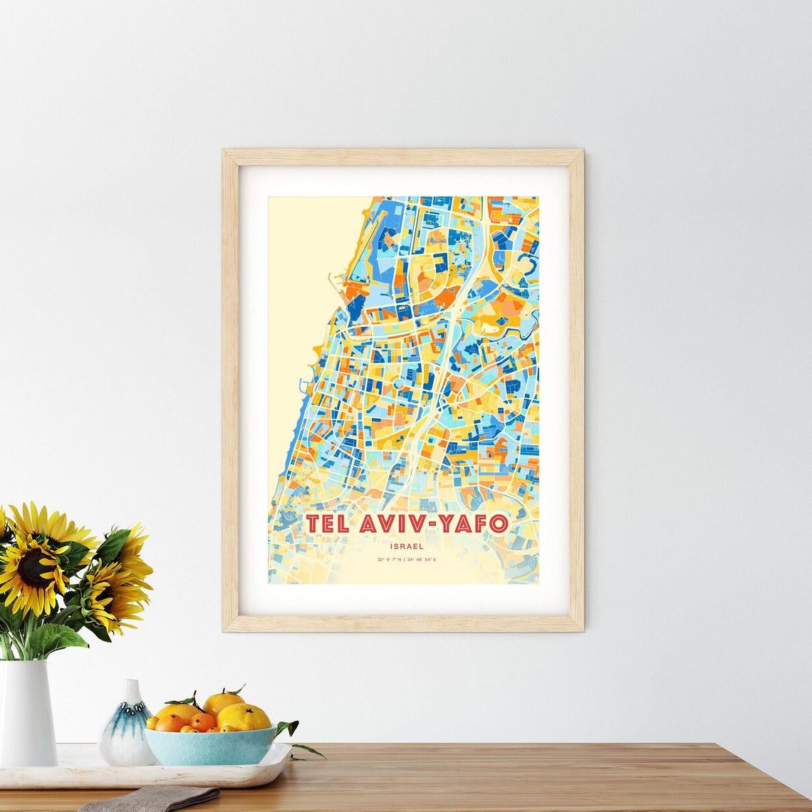 Tel Aviv Yafo Israel Colorful Blue Orange Modern City Map Poster - Image 2