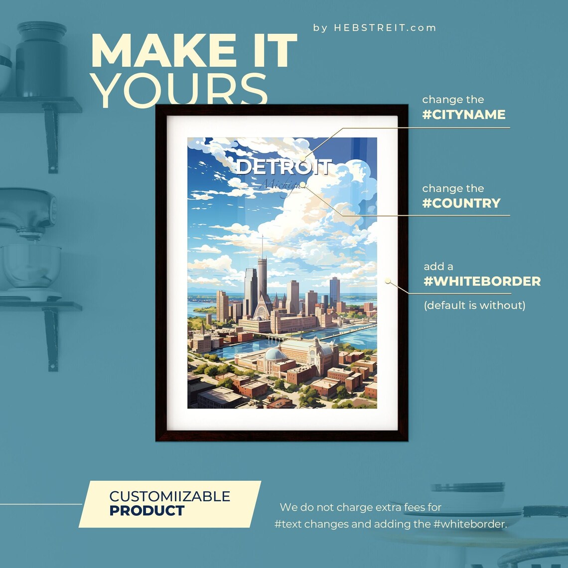 Detroit Michigan Riverfront Downtown Skyline City Travel Art Poster - Image 2