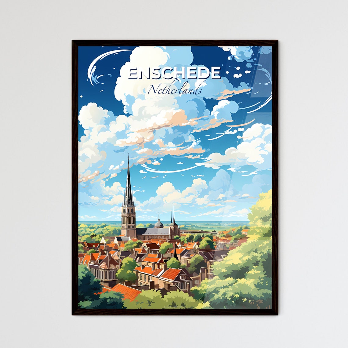 Enschede Netherlands Historic Town Spire Skyline Travel Poster Art