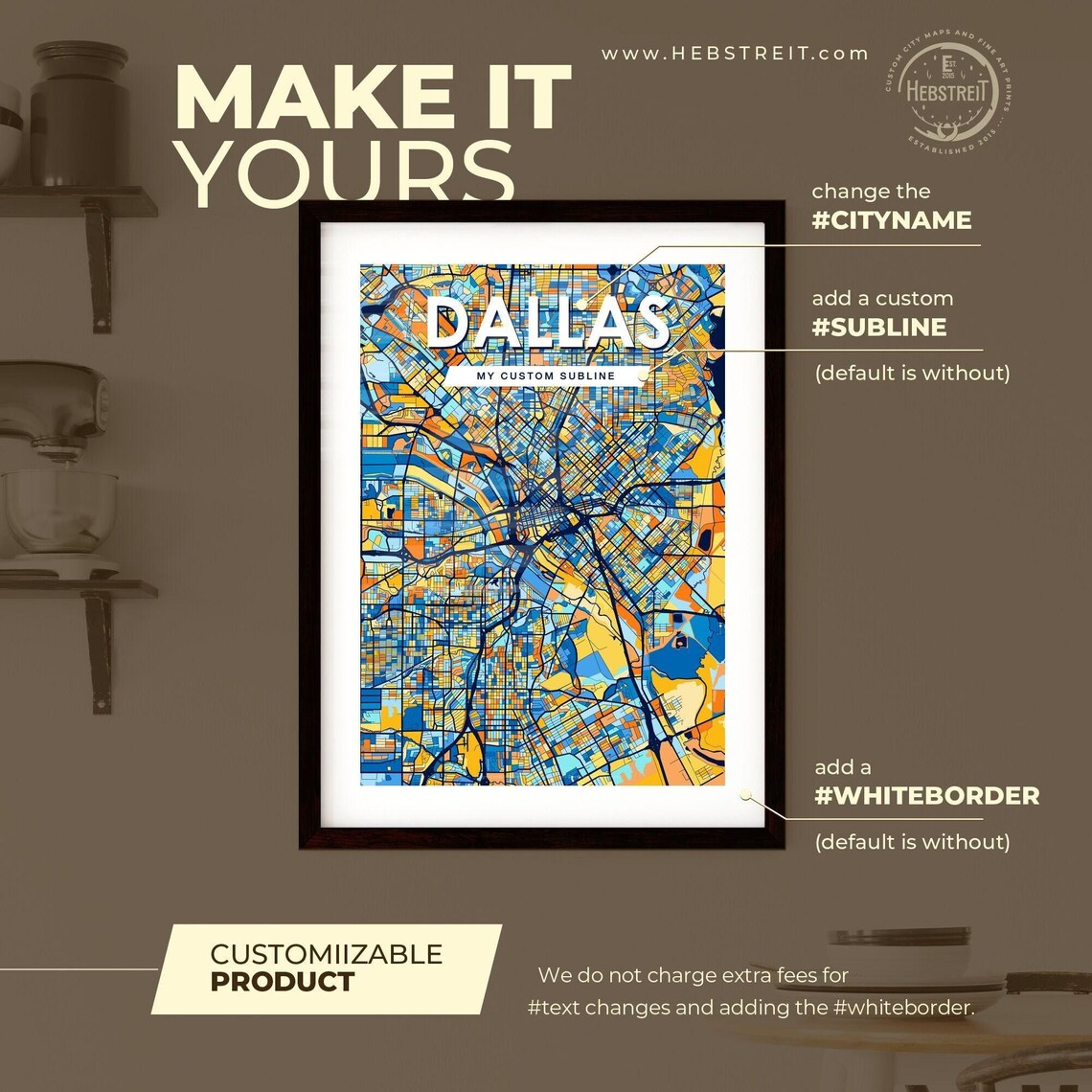 Dallas Texas Colorful Blue Orange City Map Mosaic Art Poster - Image 2