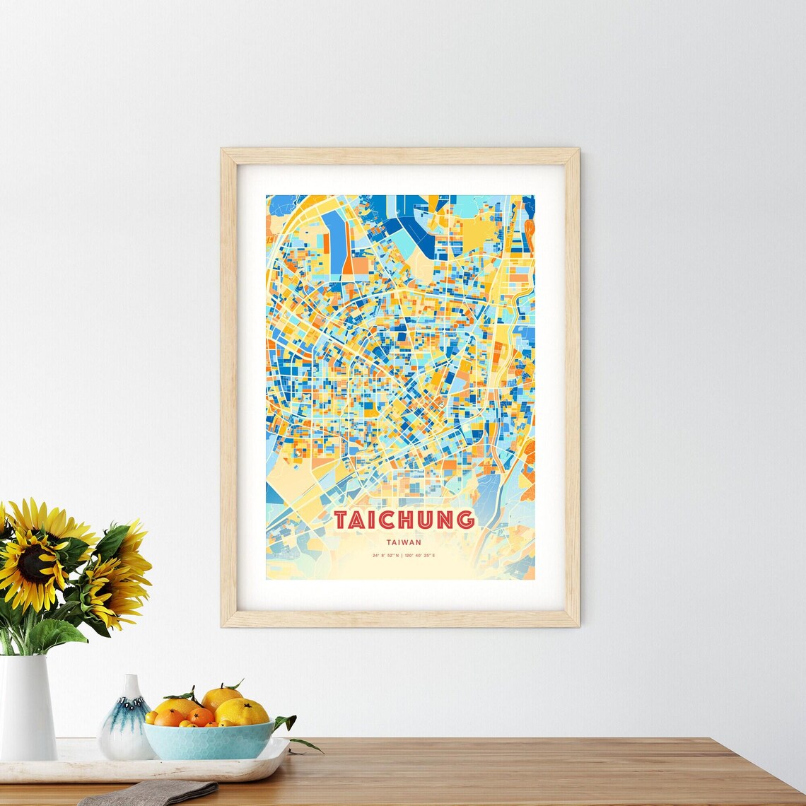 Taichung Taiwan Colorful City Map Poster Blue Orange Vibrant Wall Decor - Image 2