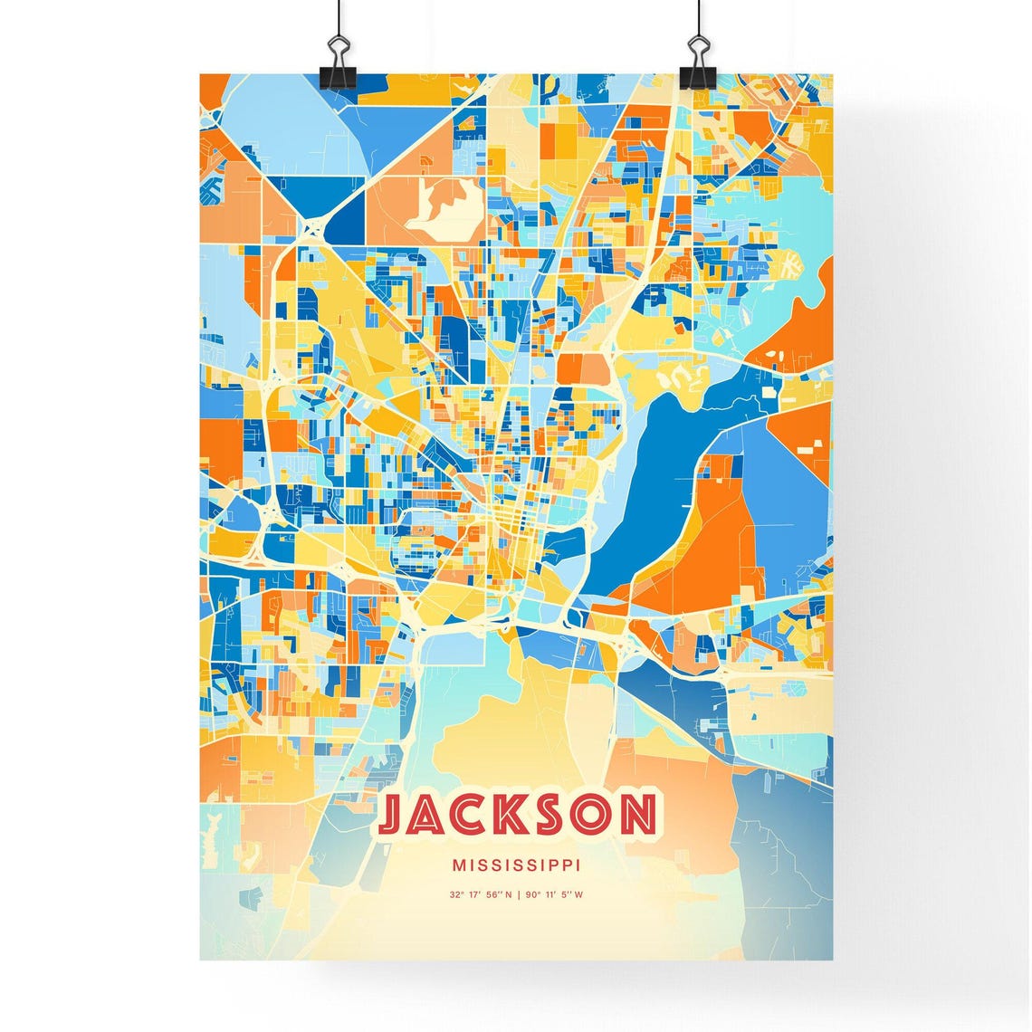 Jackson Mississippi Modern Geometric Blue Orange City Map Art Poster - Image 3