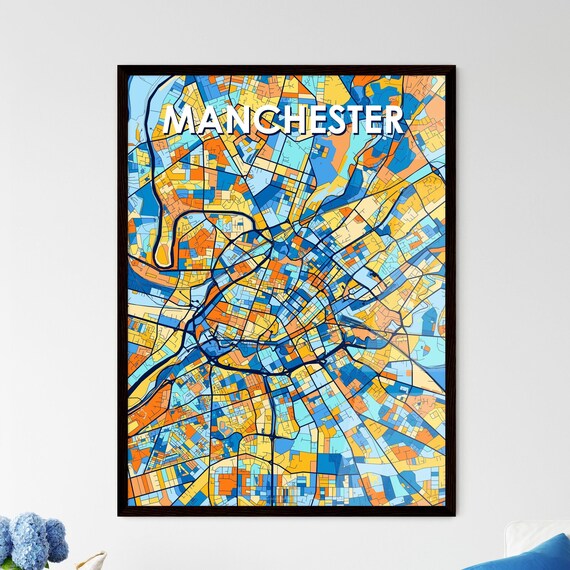 Manchester England Colorful Blue and Orange City Map Art Poster