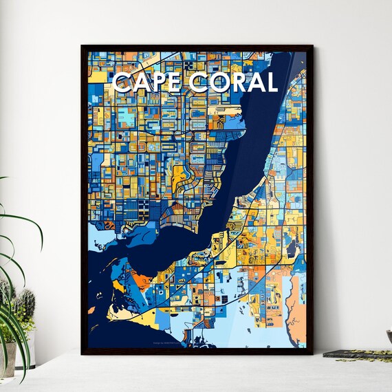 Vibrant Cape Coral Florida Art Map Poster Wall Decor Perfect Personalisable Gift For Home Or Office Style