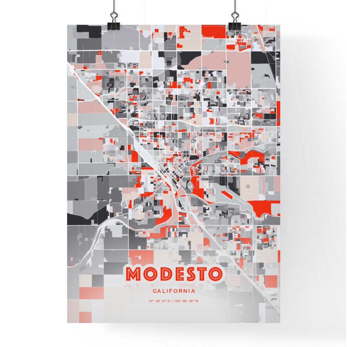Modesto California Expressive Red Abstract City Map Art Poster - Image 3