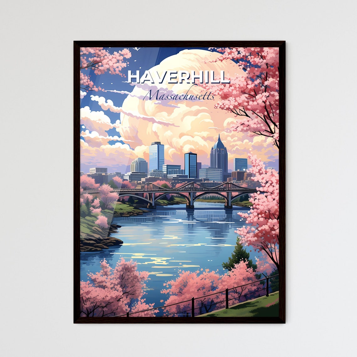 Haverhill Massachusetts Cherry Blossom River Bridge Skyline Poster