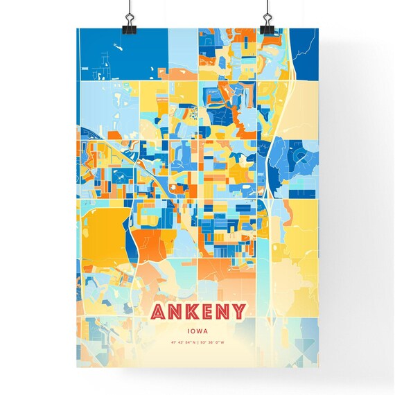 Ankeny Iowa Colorful Blue and Orange Retro City Street Map Wall Art