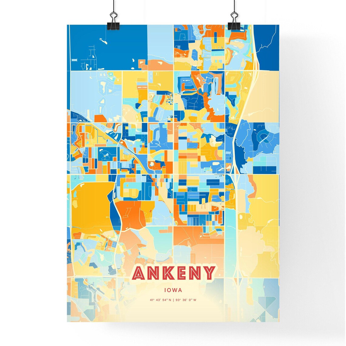 Ankeny Iowa Colorful Blue and Orange Retro City Street Map Wall Art