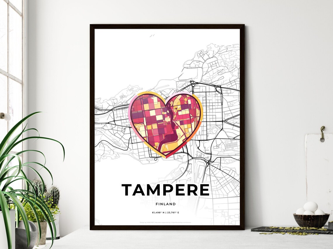 Tampere Finland Modern Minimalist Heart Street Map Art Poster