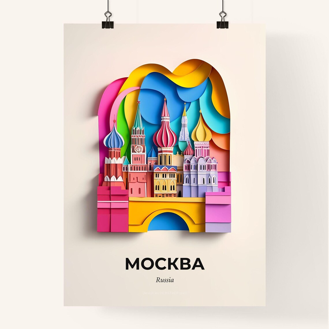 Moscow Russia Colorful Onion Domes Bridge Paper Cut Travel Poster - Image 4