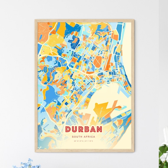 Durban South Africa Colorful City Map Poster Blue Orange Coastal Decor