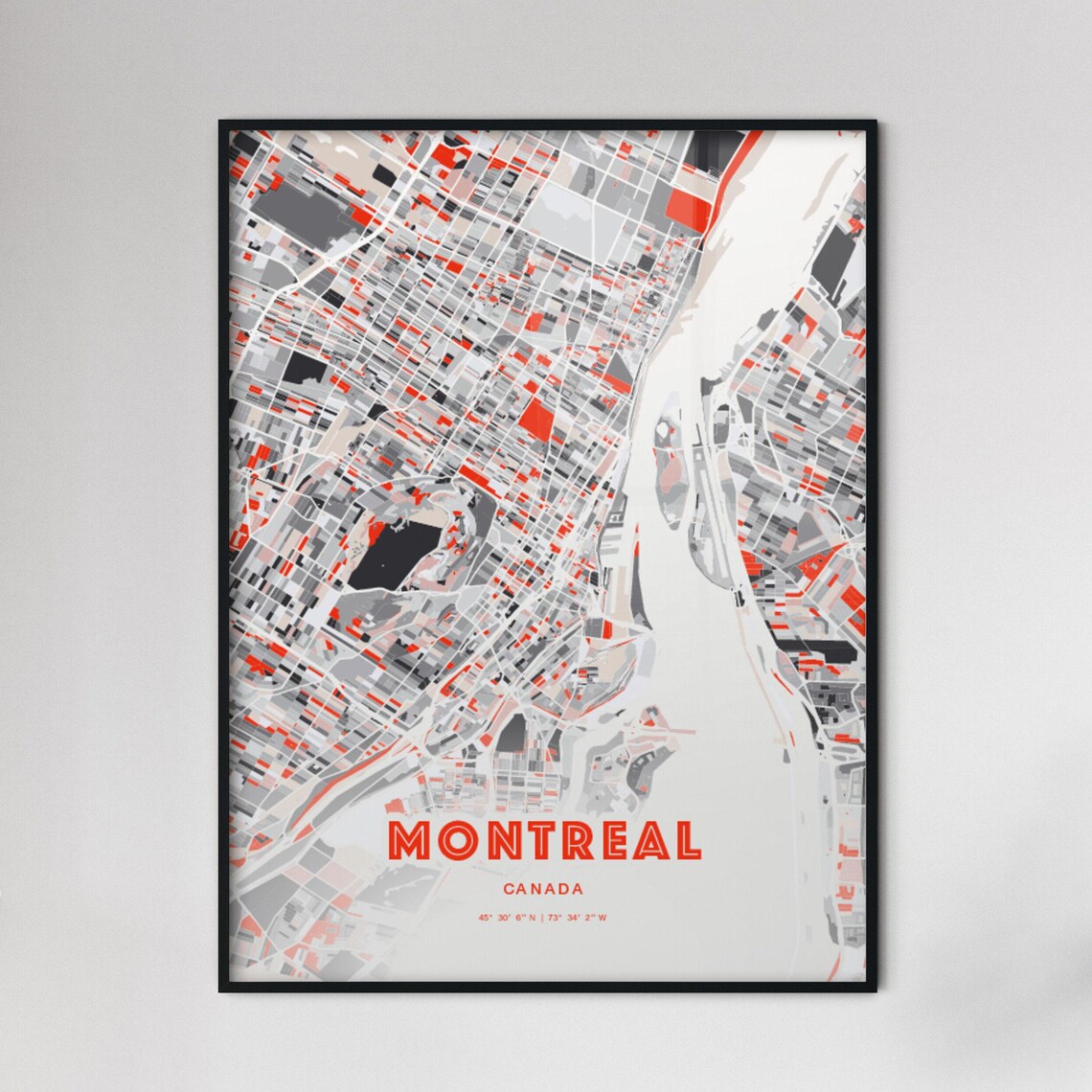 Montreal Canada Modern Red Gray Expressive City Map Poster Customizable