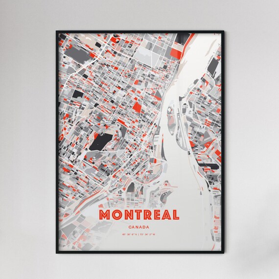 Montreal Canada Modern Red Gray Expressive City Map Poster Customizable