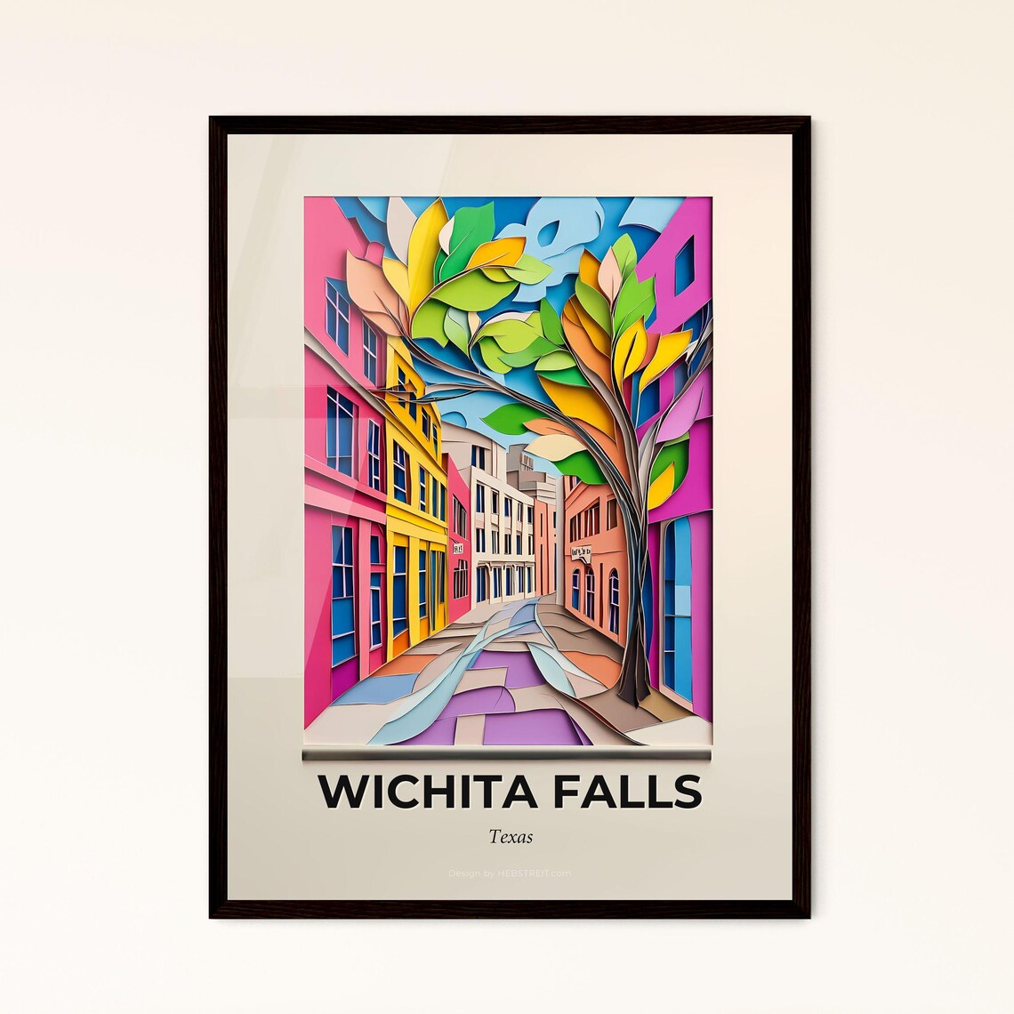 Wichita Falls Texas Paper Cut Colorful Downtown Street Travel Poster