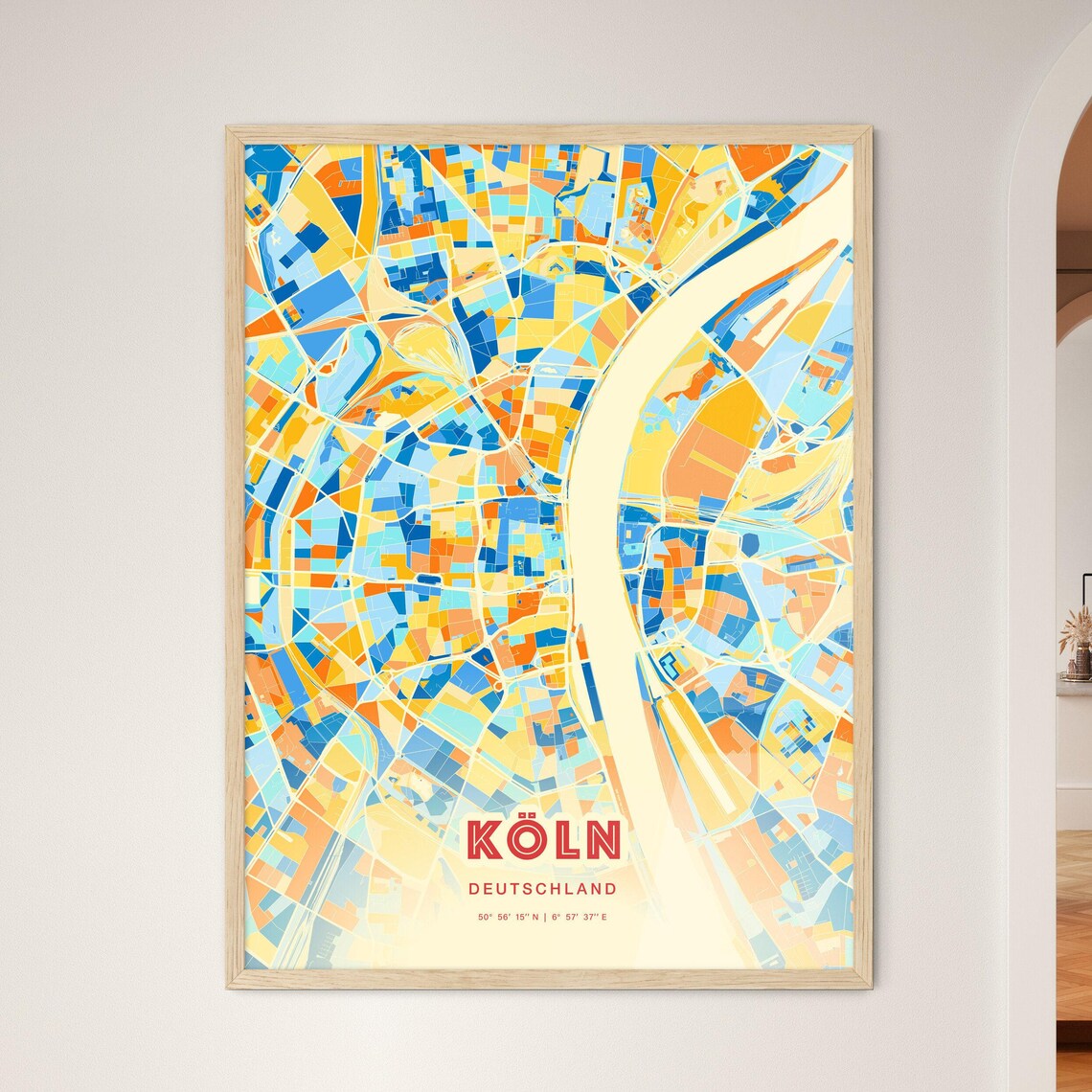 Koln Germany City Street Map Art Poster Rhine Blue Orange Decor