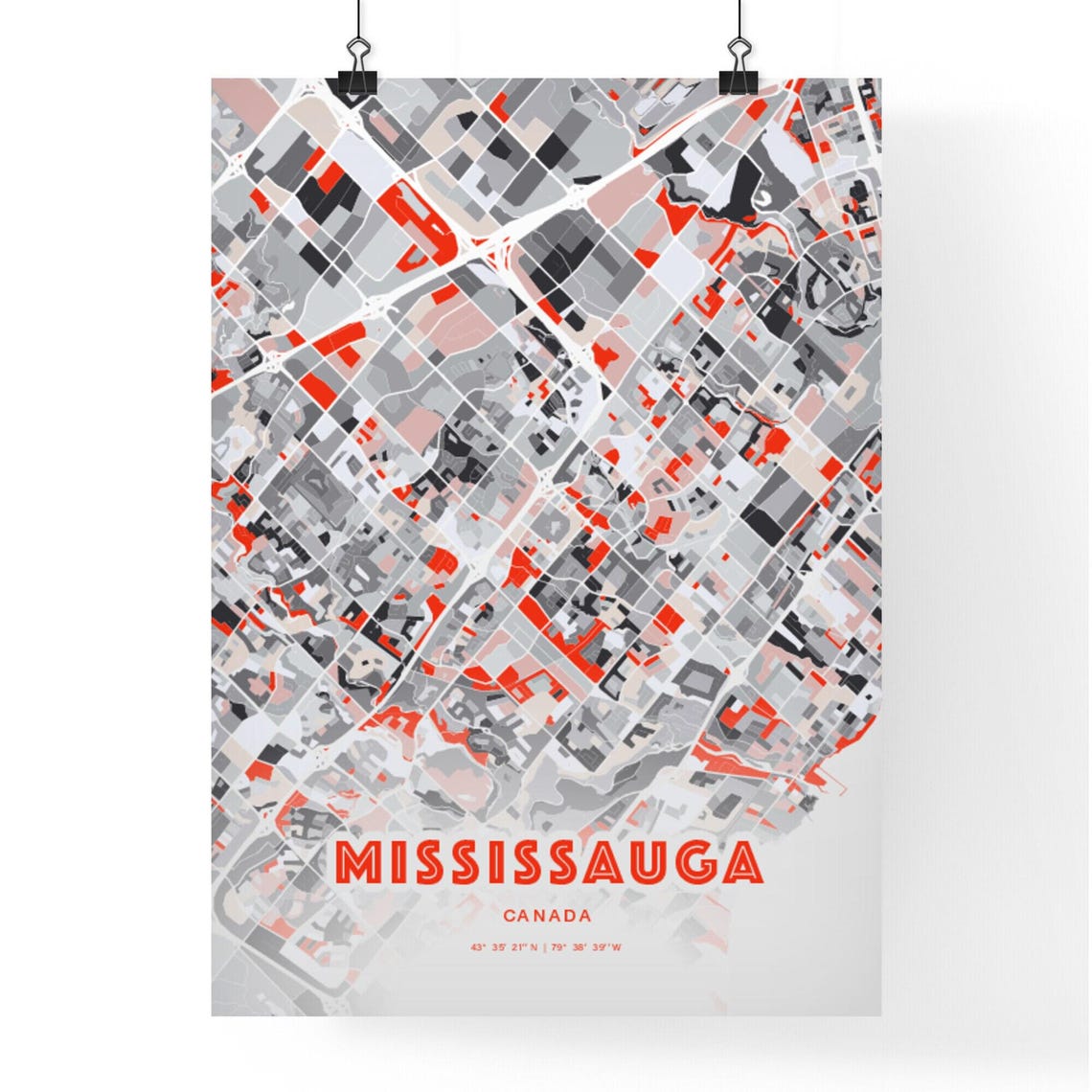 Mississauga Canada Modern Red Abstract City Street Map Art Poster - Image 3