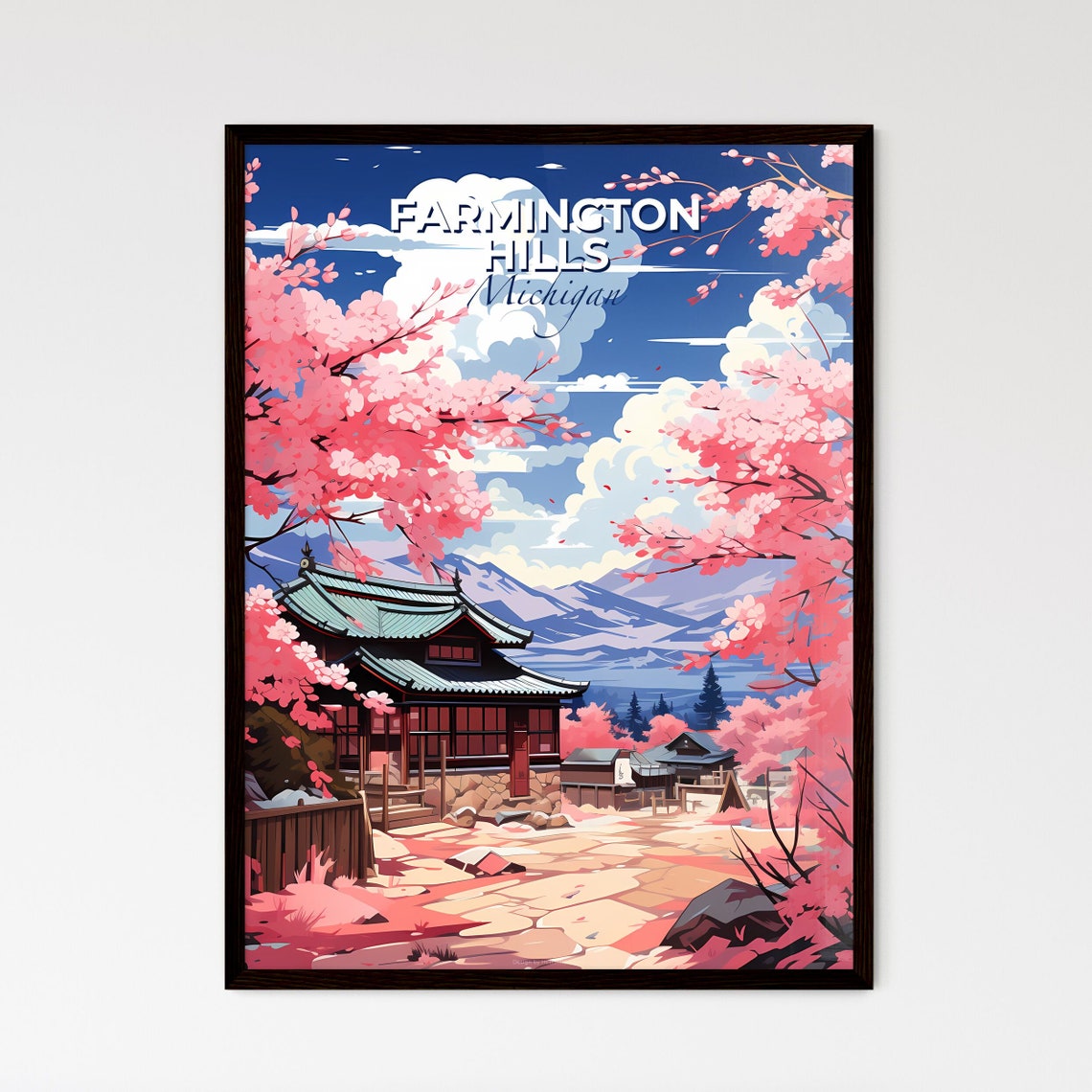Farmington Hills Michigan A Painting Of A Japanese House With Pink Flowers Customisable Travel Art Print A Memorable Gift