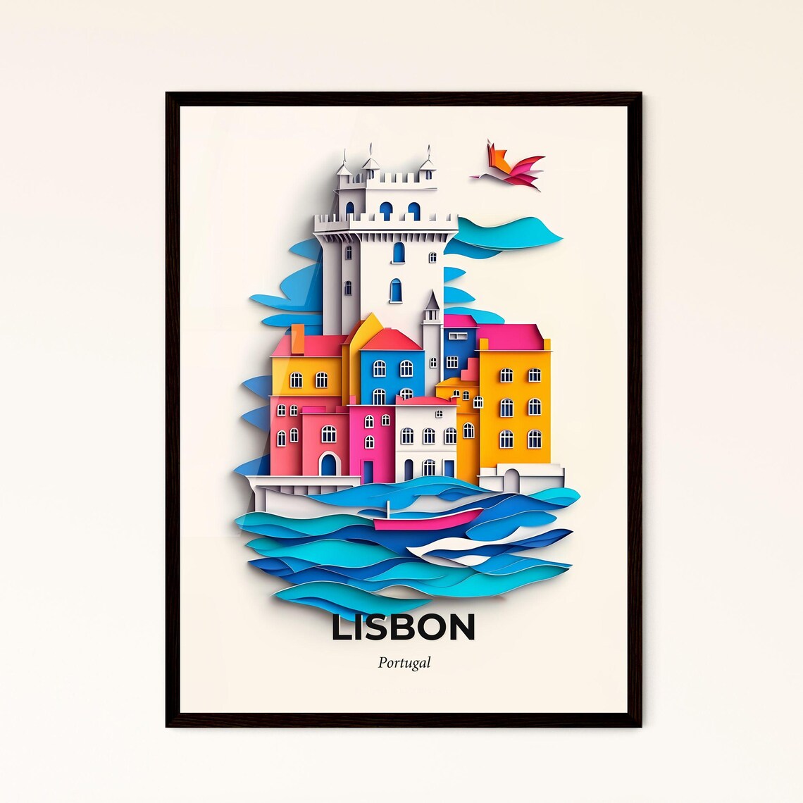 Lisbon Portugal Colorful Paper Cut Historic Tower Waves Travel Poster