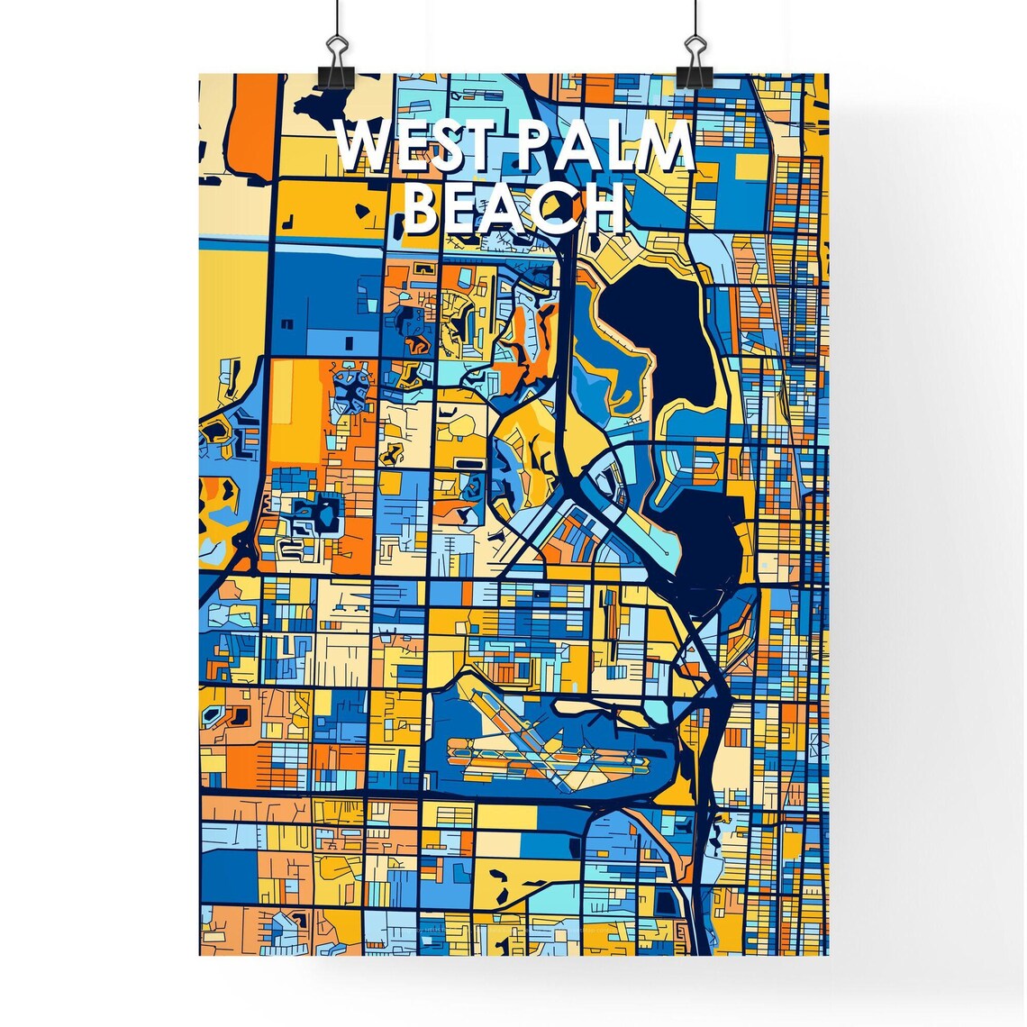 West Palm Beach Florida Stylish Vibrant Blue and Orange Mosaic City Map Poster - Image 4