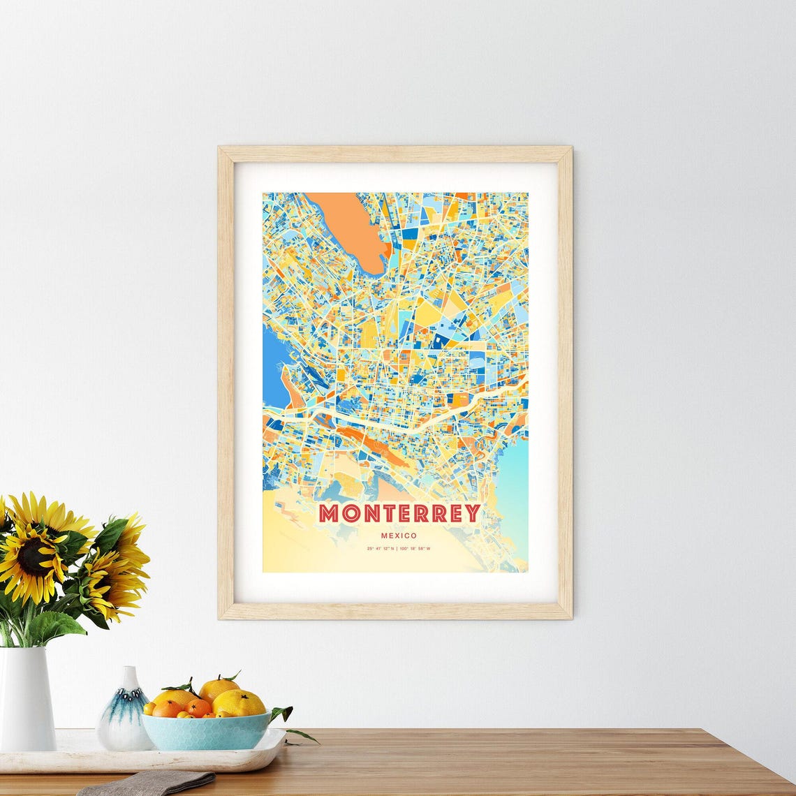 Monterrey Mexico Modern Geometric Blue Orange City Map Art Poster - Image 2