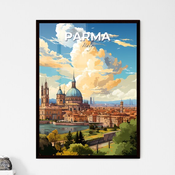 Parma Italy Skyline Cathedral Blue Dome Riverside Cityscape Travel Poster