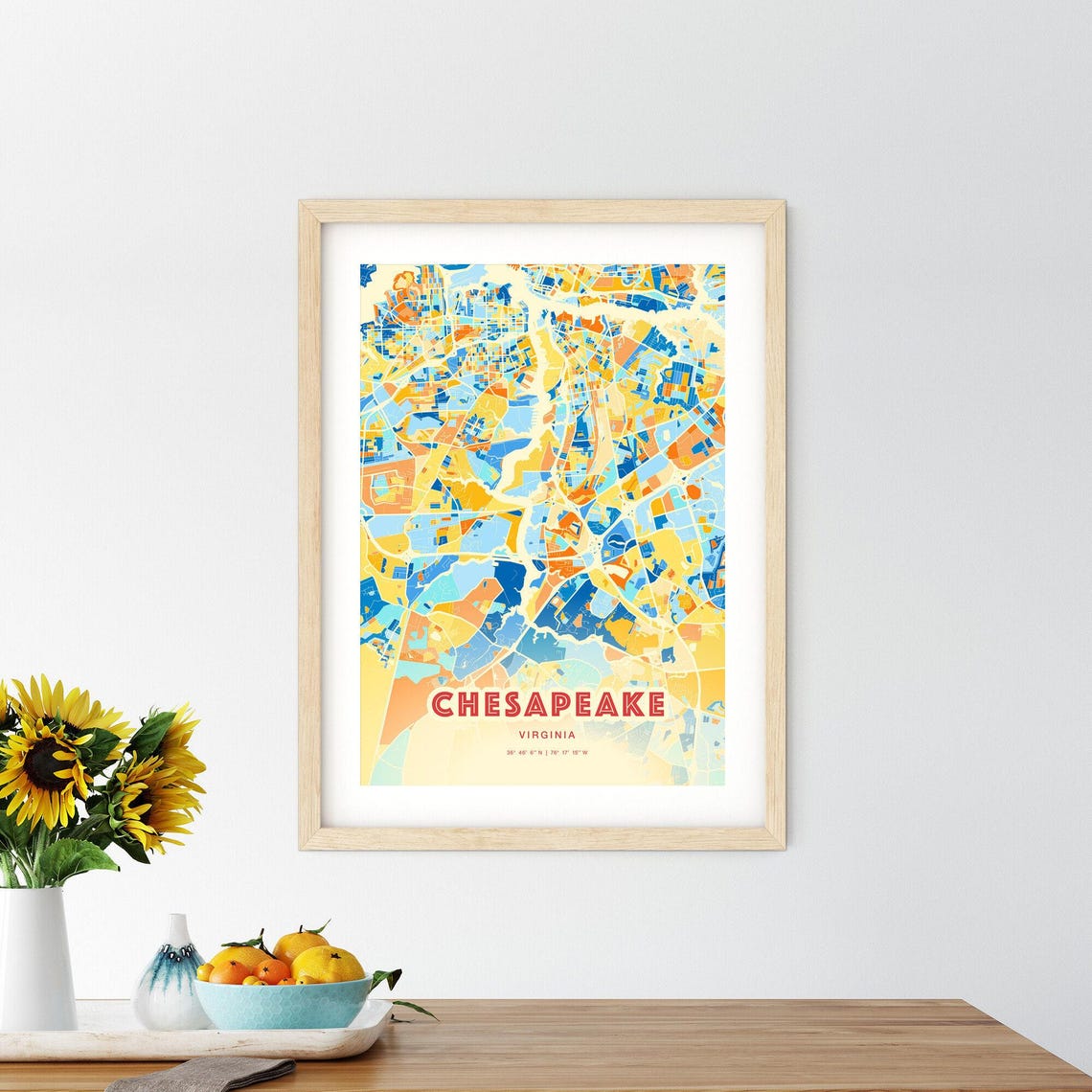 Chesapeake Virginia Colorful Blue Orange Fine Art City Map Poster - Image 2