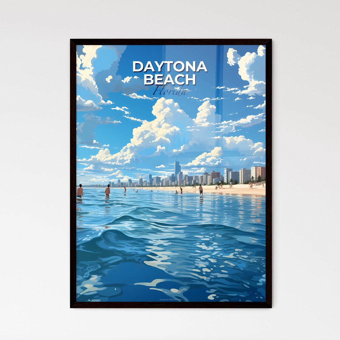 Daytona Beach Florida Ocean Waves and City Skyline Travel Poster