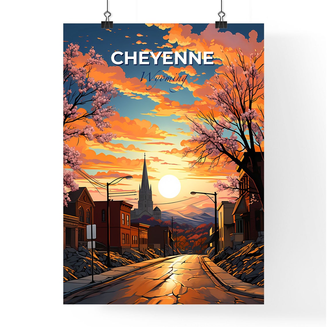Cheyenne Wyoming Sunset Street Church Spire Blossom Travel Poster - Image 4
