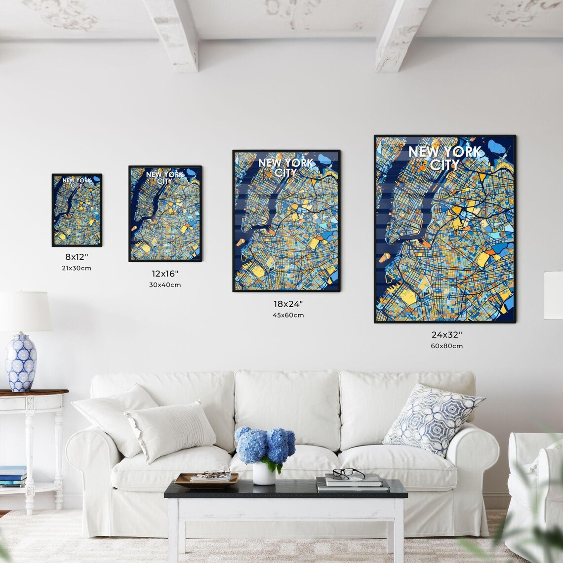 New York City New York Stylish Vibrant Blue and Orange Mosaic City Map Poster - Image 4