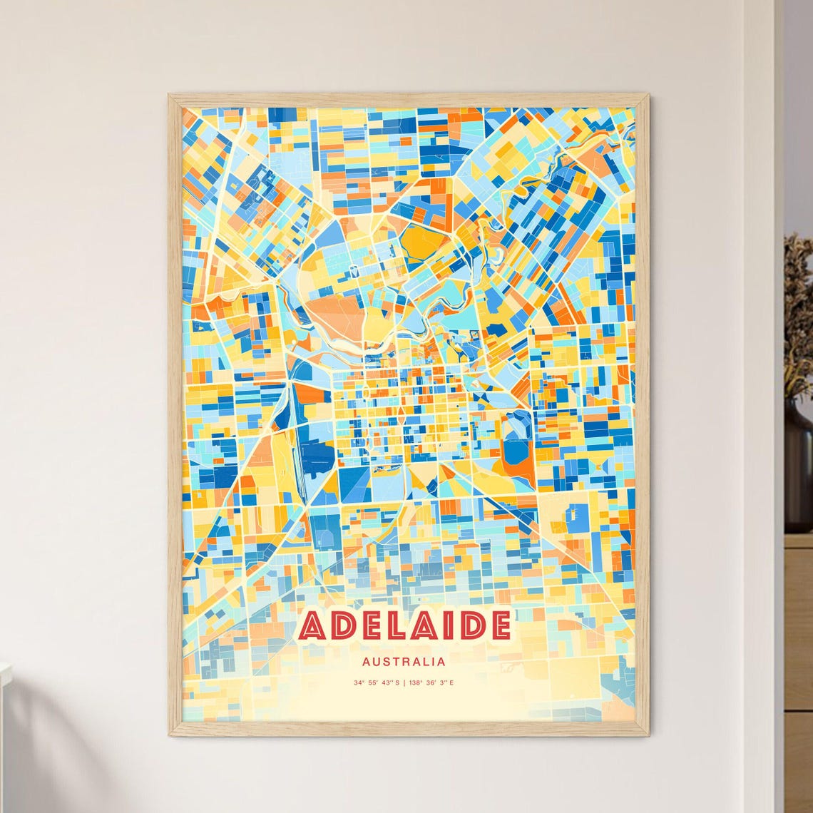 Adelaide Australia Vibrant Blue and Orange City Map Art Poster