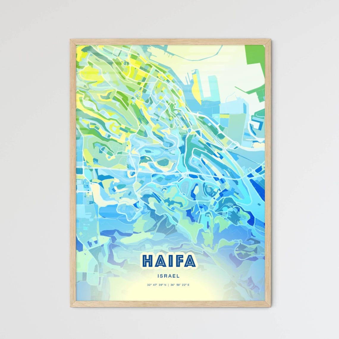 Haifa Israel Pastel Blue City Map Art with Coordinates Poster