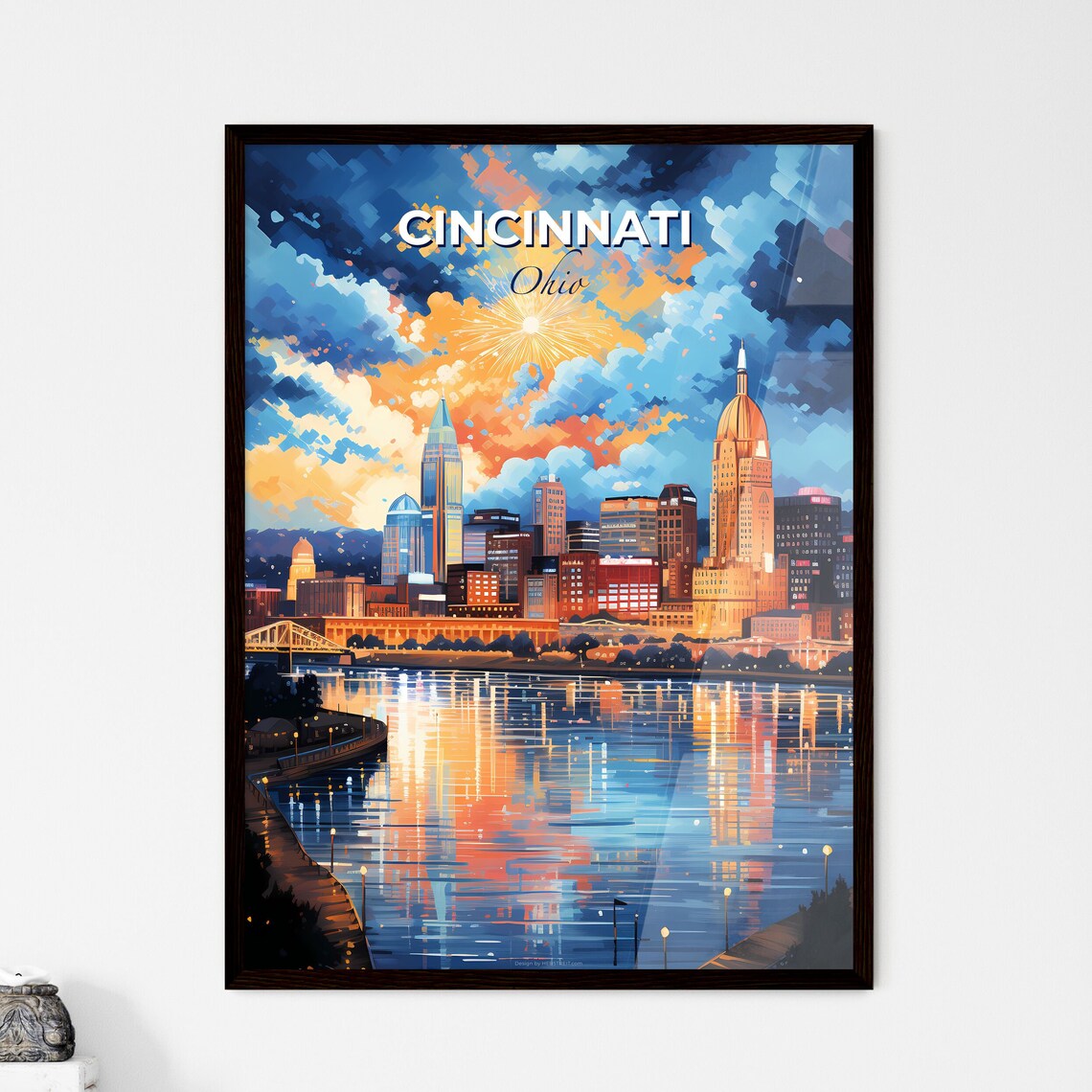 Cincinnati Ohio Travel Poster Sunset Skyline River Reflection Fireworks Art