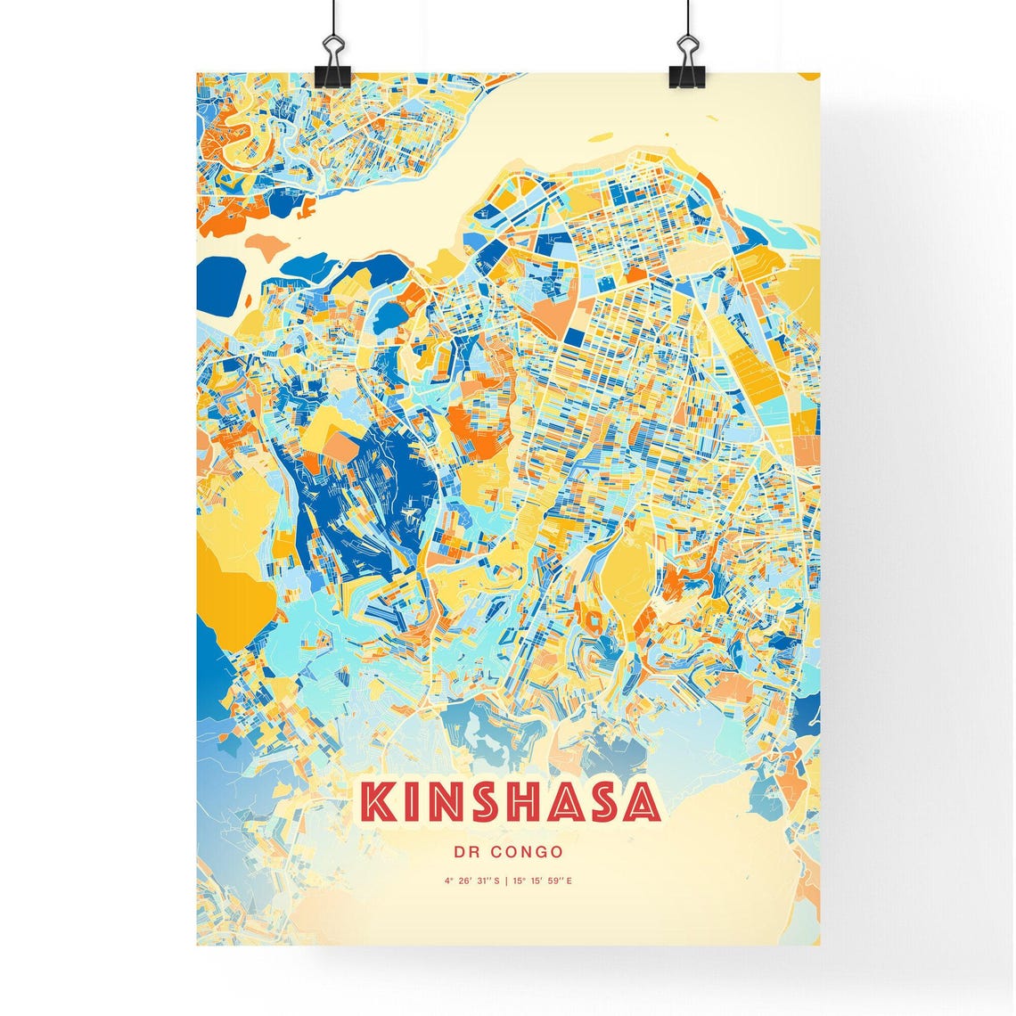 Kinshasa DR Congo Blue Orange Vibrant Abstract City Map Art Poster - Image 3
