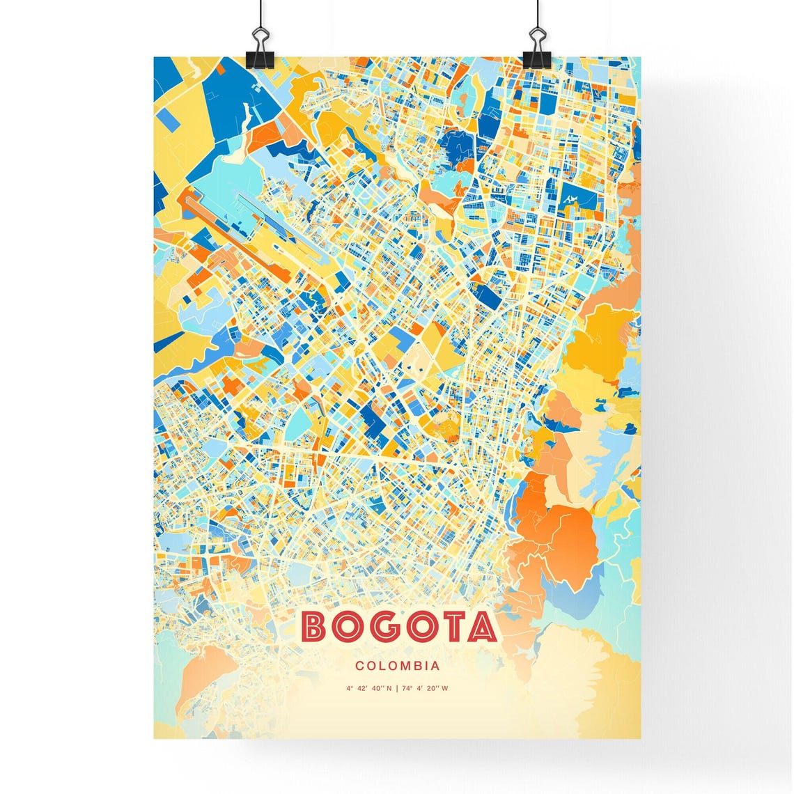 Bogota Colombia Bold Vibrant Blue Orange Mosaic City Map Poster - Image 3