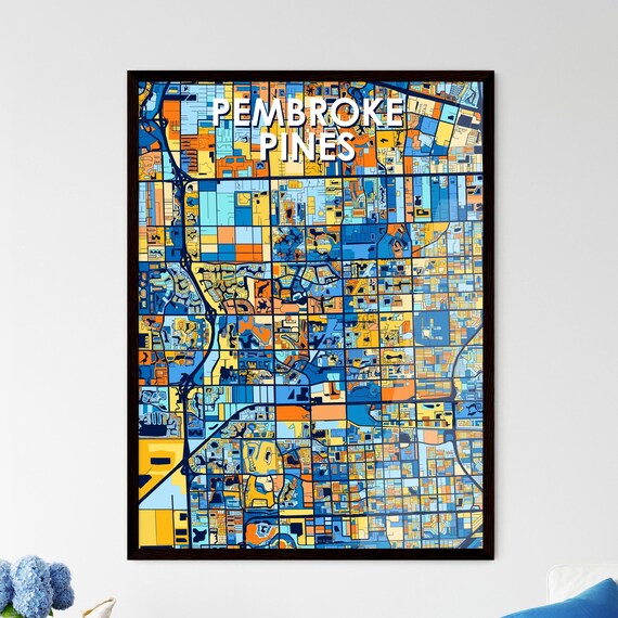 Pembroke Pines Florida Colorful Blue Orange City Map Art Poster