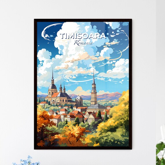Timisoara Romania Skyline Travel Poster With Historic Churches And Autumn Trees