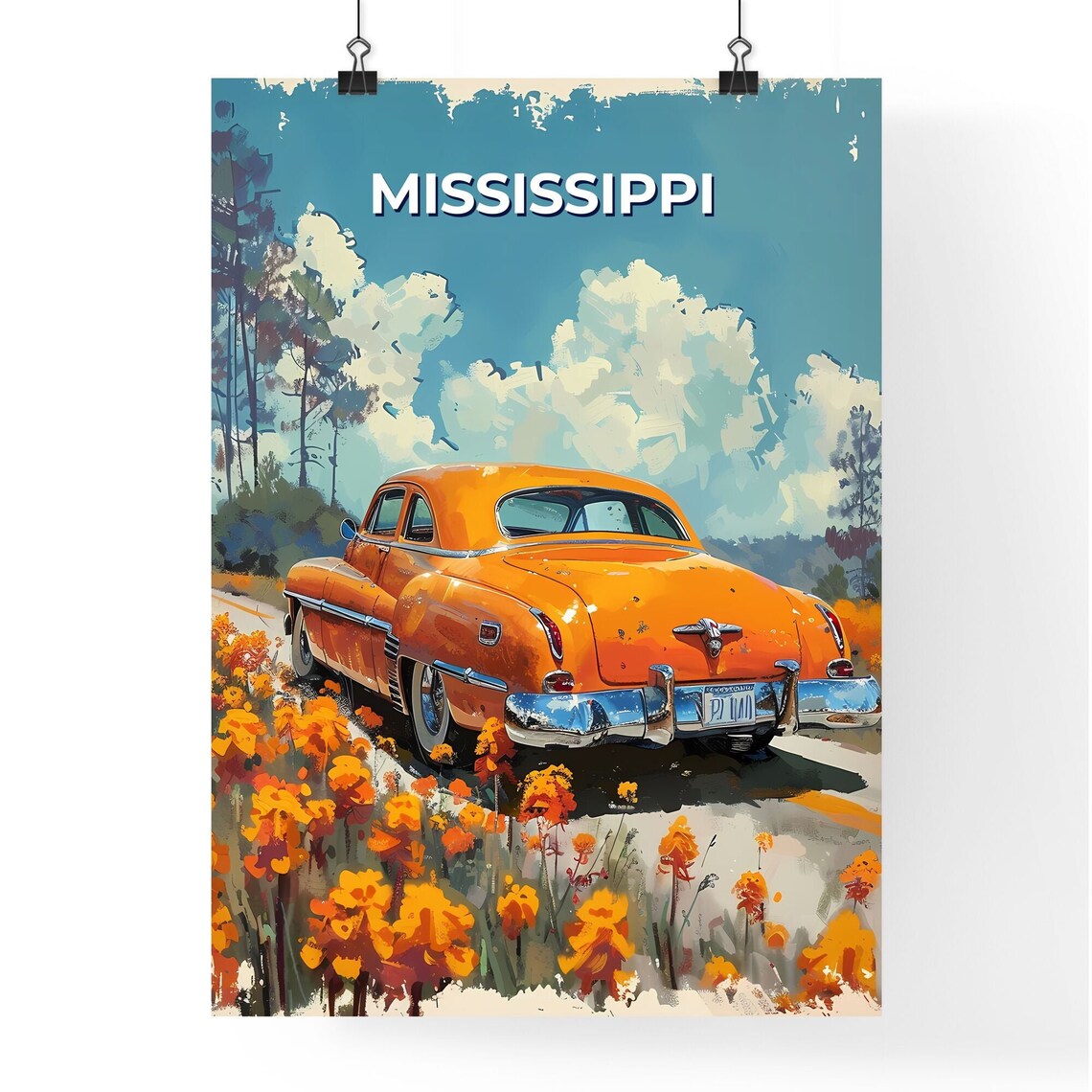 Mississippi Orange Vintage Car Wildflowers Road Trip Art Poster - Image 4