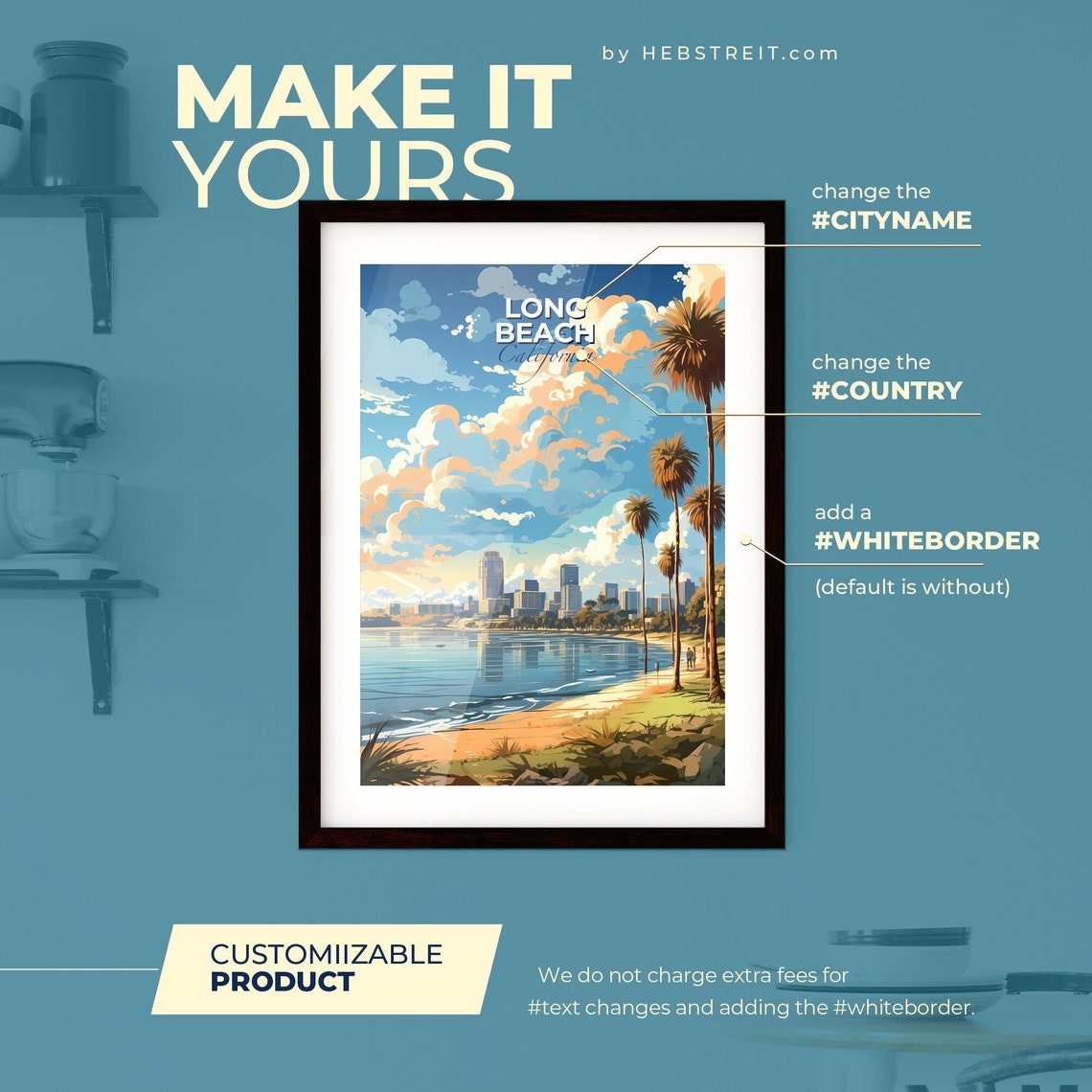 Long Beach California Travel Poster Palm Trees Beach City Skyline Art - Image 2