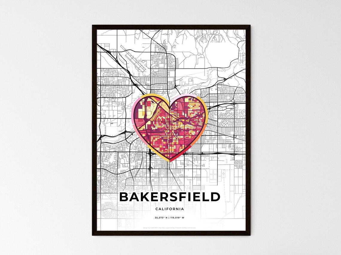Bakersfield California Minimal City Map Colorful Heart Icon Art Poster